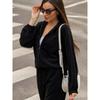 Womens Casual Two-Piece Set: Solid Color Long Sleeve Hooded Sweatshirt Elastic Waist Wide Leg Pants