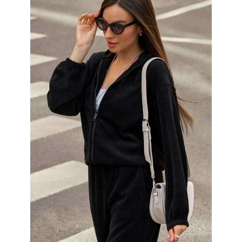 Womens Casual Two-Piece Set: Solid Color Long Sleeve Hooded Sweatshirt Elastic Waist Wide Leg Pants