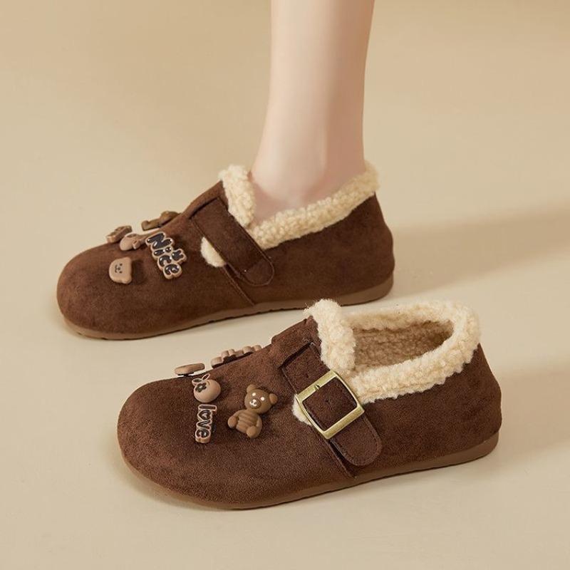 Damplyftande plyschskor för kvinnor med hel täckning, platt botten, tecknad spänne för en fot, bomullsskor