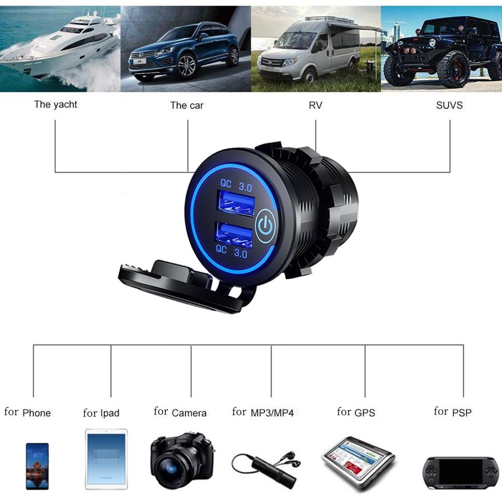Quick Charge 3.0 Dual Usb Fast Car Charger Waterproof 12v/24v Qc3.0 Power Outlet With Touch Switch&led Light