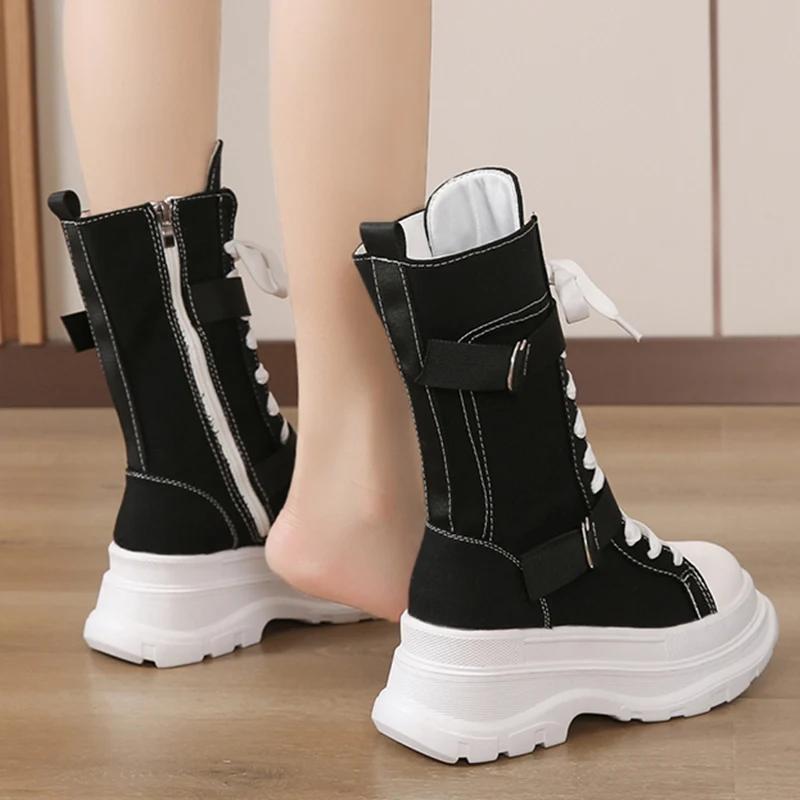 Fashion Chunky Platform Orange Canvas Shoes Women 2025 Autumn Thick Bottom Lace Up Ankle Boots Brand Design Y2K Woman's Motorcycle Boots