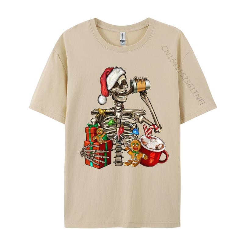 Christmas Skeleton With Smiling Skull Drinking Coffee Latte T Shirts Graphic Tshirt Hip Hop T Shirt Homme Cotton Oversized