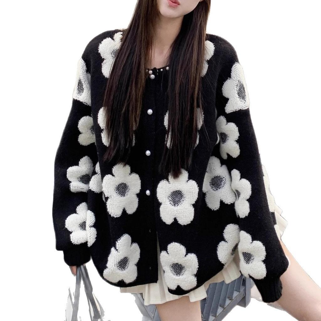 Heavy industry beaded flower sweater cardigan women's autumn and winter new Korean version of foreign style outside wear loose lazy style knitted jac