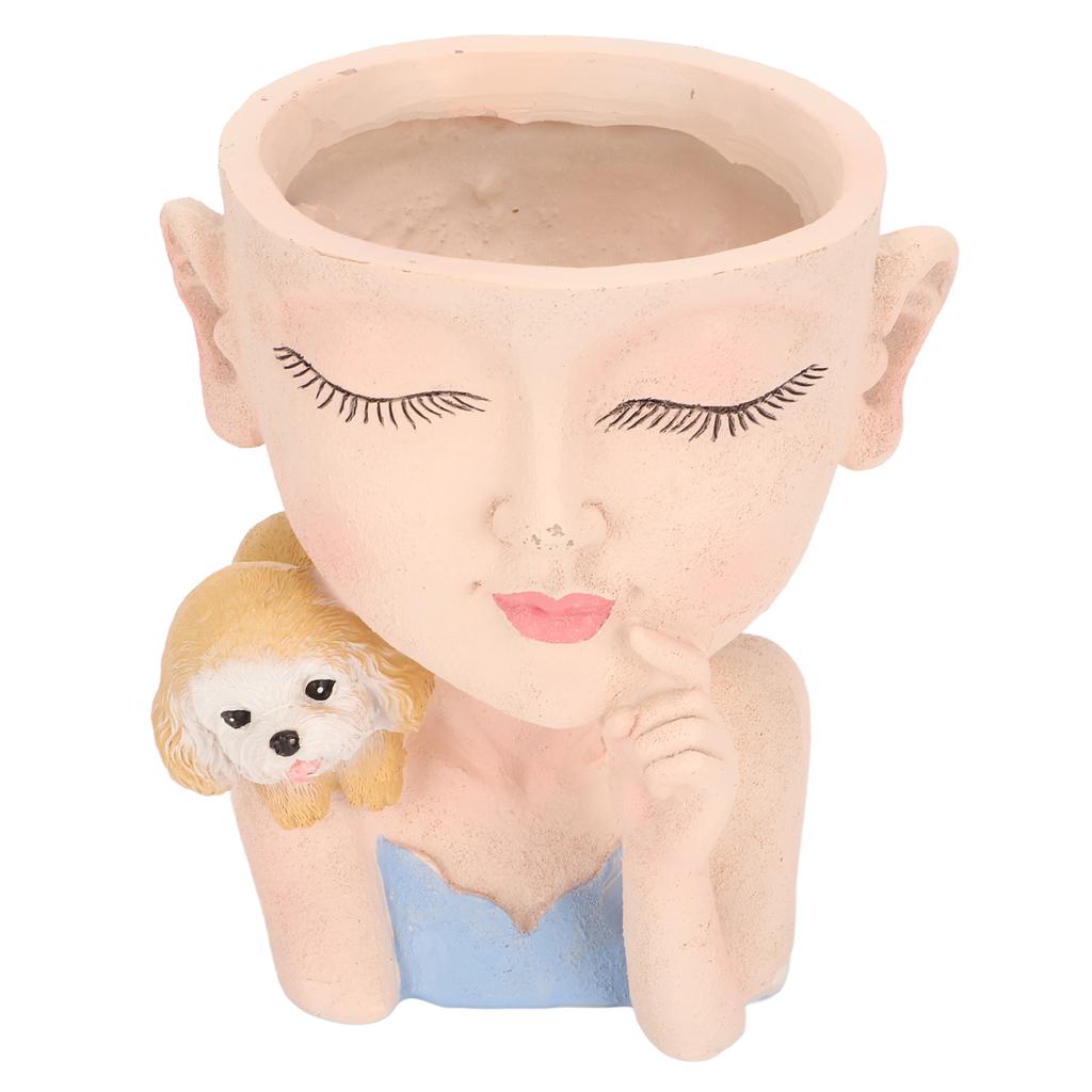 Blomkruka Flicka och Hund Söt Stil Dräneringshål i Botten Dekorativ Harts 12.5x11x14cm Skrivbordsplanteringskruka