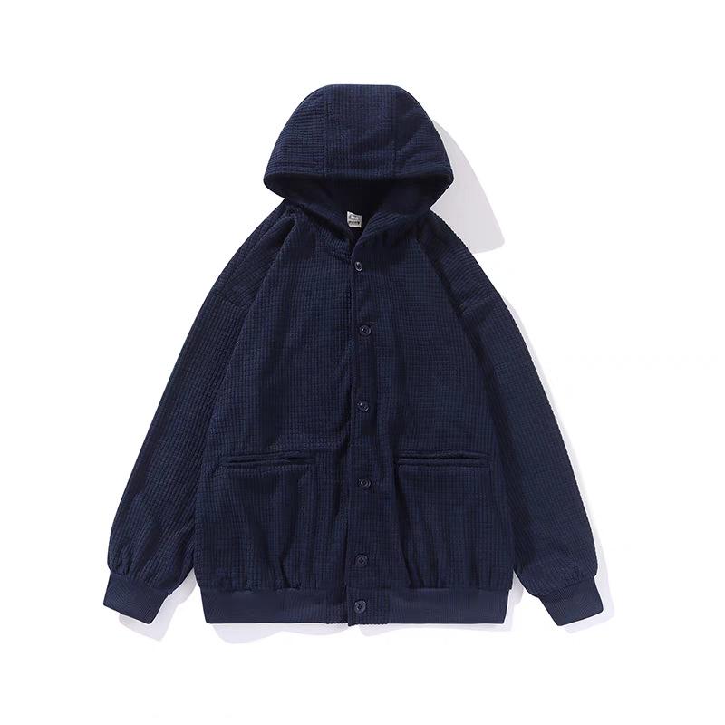 Unisex Japanese Retro Waffle Knit Hooded Cardigan - Loose Fit Solid Color Autumn/Winter Casual Jacket