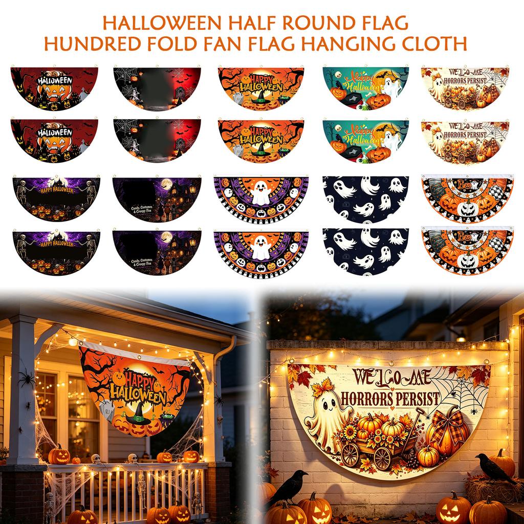 Halloween Half Circle Flags and Pumpkin Fan-Shaped Banners - Pleated Hanging Decorations for Party Background