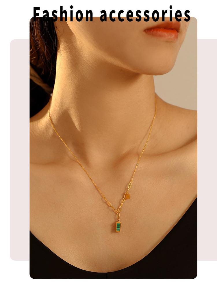 18K Gold-Plated Malachite Green Striped Collarbone Necklace - Small Square INS Style Retro Jewelry