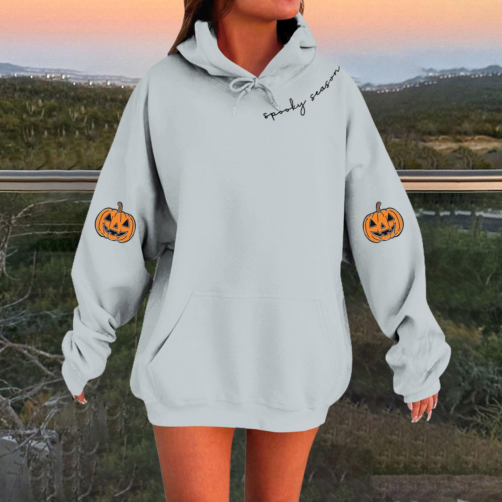 

Женский однотонный пуловер с длинным рукавом, капюшоном и повседневным принтом на Хэллоуин S