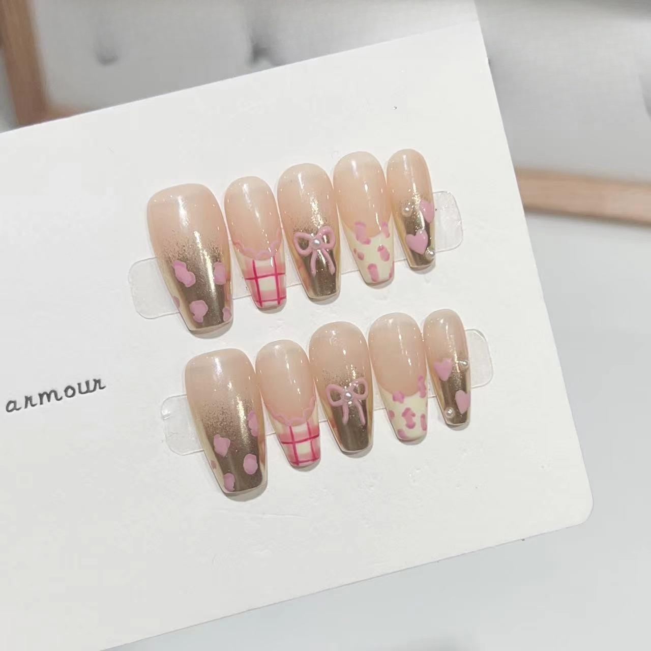 

Чистая броня для ношения на руках Розовый леопардовый принт Французское волшебное зеркало Градиент Темперамент Сладкий сетчатый бант Ноготь Накладной ноготь M M