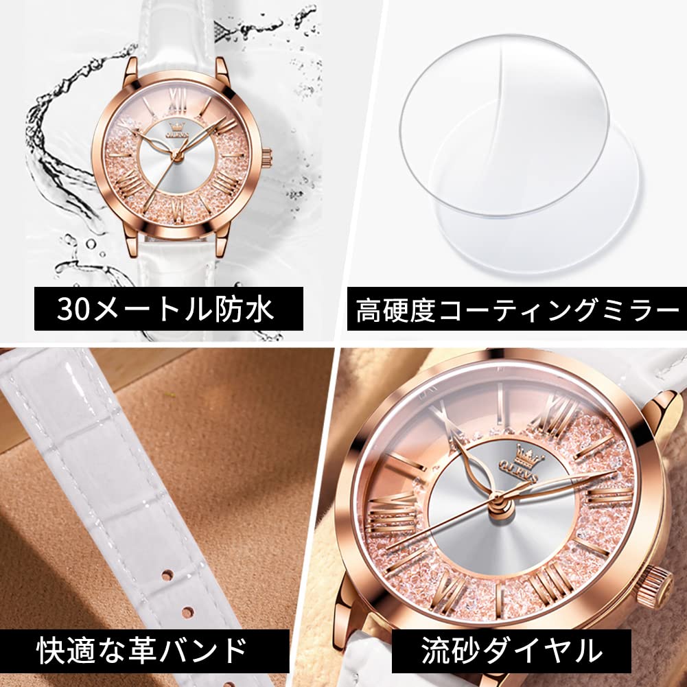 OLEVS Watch Rose Gold Dial with Quicksand Quartz White Women's - Popular, Cute, Sparkling, Diamonds, Movement, Waterproof, Luminous, Gift,
