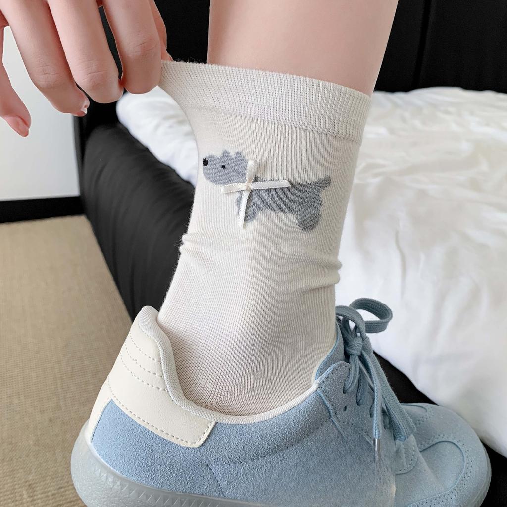 Spring and Summer Lightweight West Highland Terrier Socks, Cute Children's Mid-calf Socks, with Bows, Sweat-absorbing and Breathable Cotton Socks