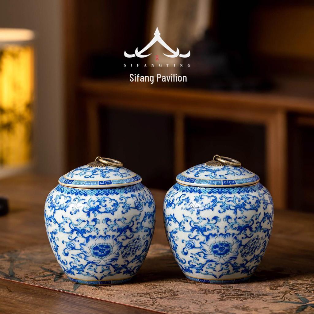 Ru Ware Blue & White Ceramic Tea Caddy: Moisture-Proof Chinese Style Sealed Storage for High-Grade Green, White, and Pu'er Tea.