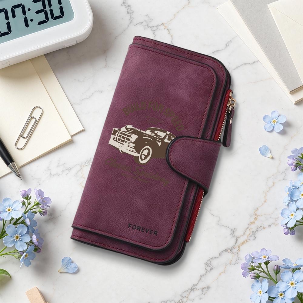 Vintage Car Print Long Wallet Multi Slot Card Holder Casual Durable Portable Purse