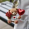 Small Romantic Keepsake Teddy Bear Hanging Ornament, Holding Heart Balloon Red Rose Bouquet Decoration, Car Rearview Mirror Accessory 2D Flat