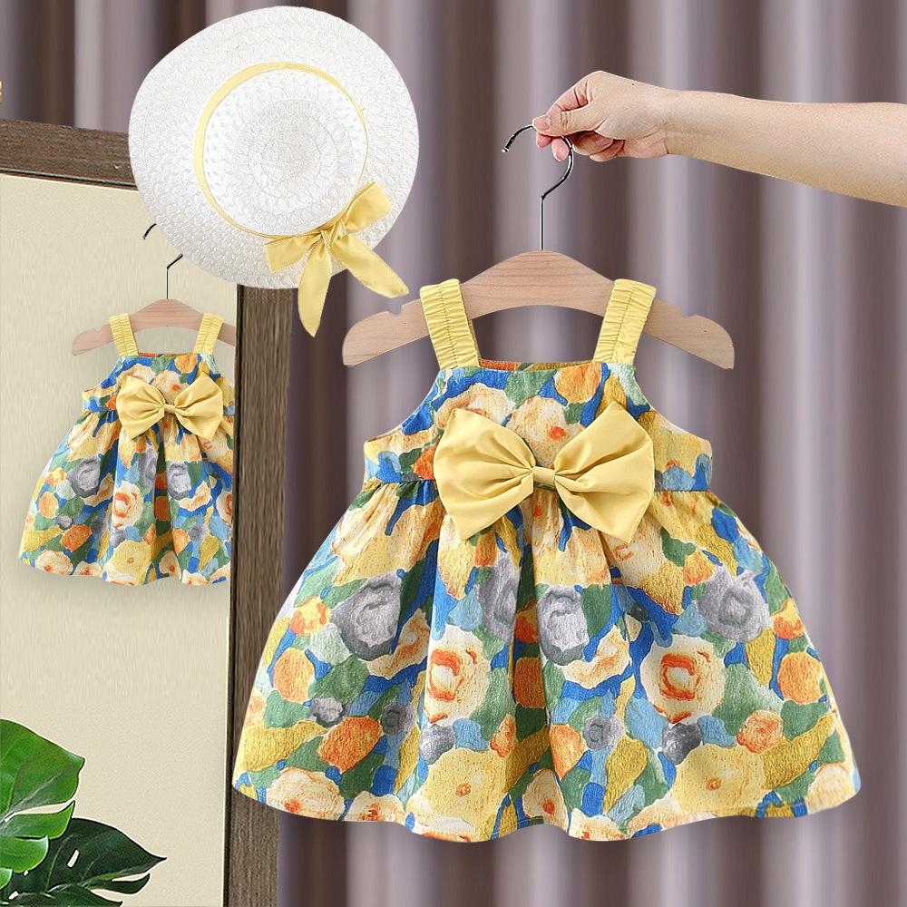 Mädchenkleid Sommerstil Kinder Prinzessin Trägerkleid Babykleid Kinderbekleidung Blumenhut Kleid