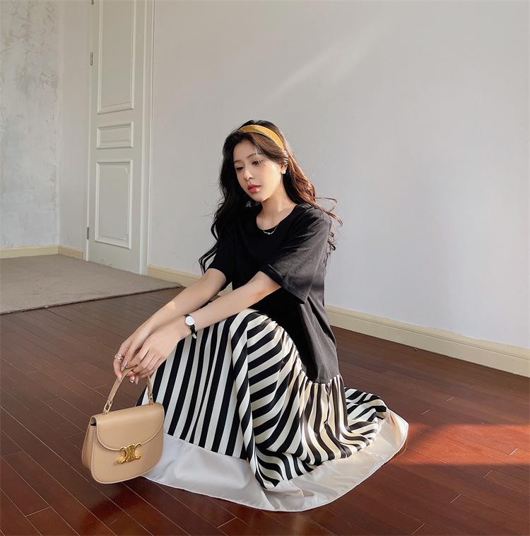 In-Stock 2025 Summer Plus Size Striped Color Block Ruched Skirt Dress