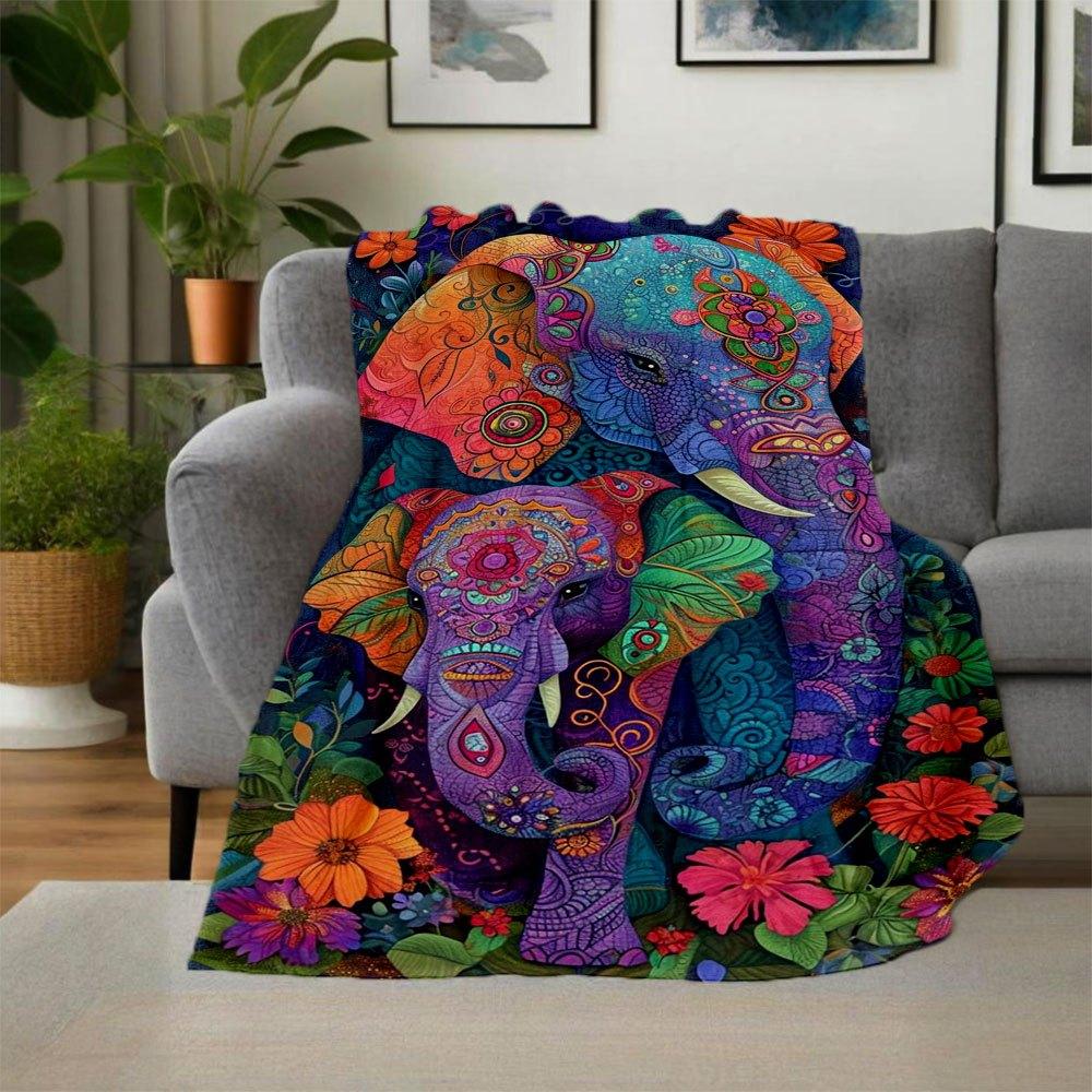 Colorful Elephant Family Art Print - Bohemian Floral DecorBlanket Flannel Throw Blanket for Sofa, Bed, Travel, Camping, Office, Couch, Chair