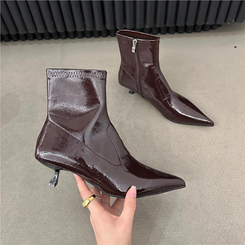 Sheepskin version! French pointed toe bare boots temperament kitten and black short boots women's side zipper elastic thin boots thin heel