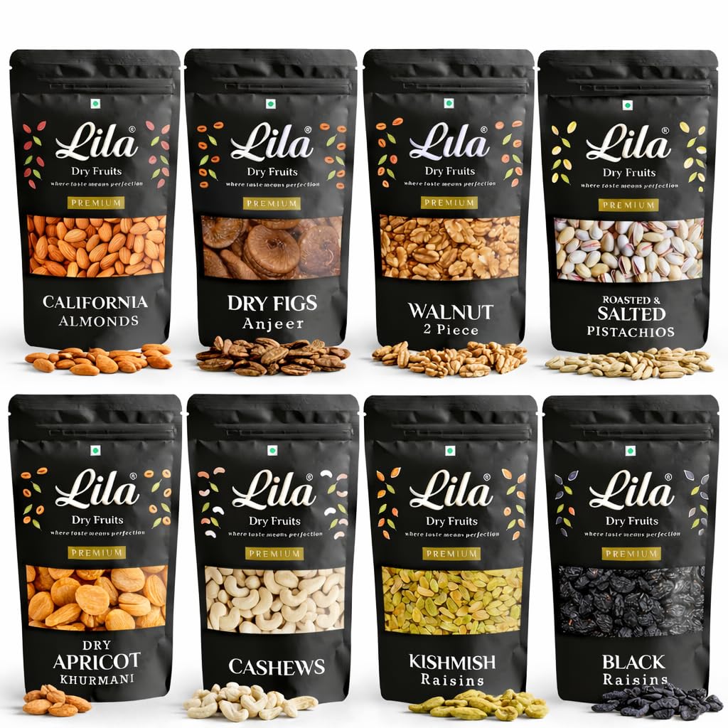 LILA DRY FRUITS Combo Pack 8 in 1 Almonds Cashews Walnuts Anjeer Apricots Golden Black Raisins Salted Pista 100 g x 8 Each | Assorted Premium Dry