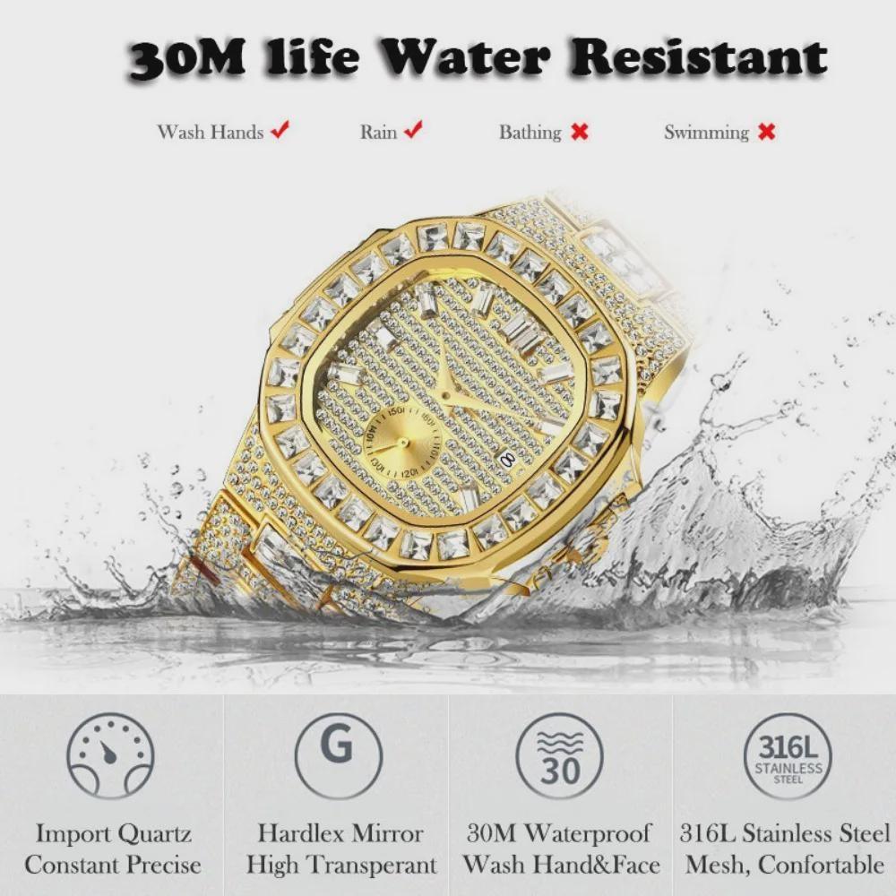 Hip Hop Iced Out Mens Watch Diamond Paved Analog Quartz Watch Waterproof Stainless Steel Luxury Wristwatch