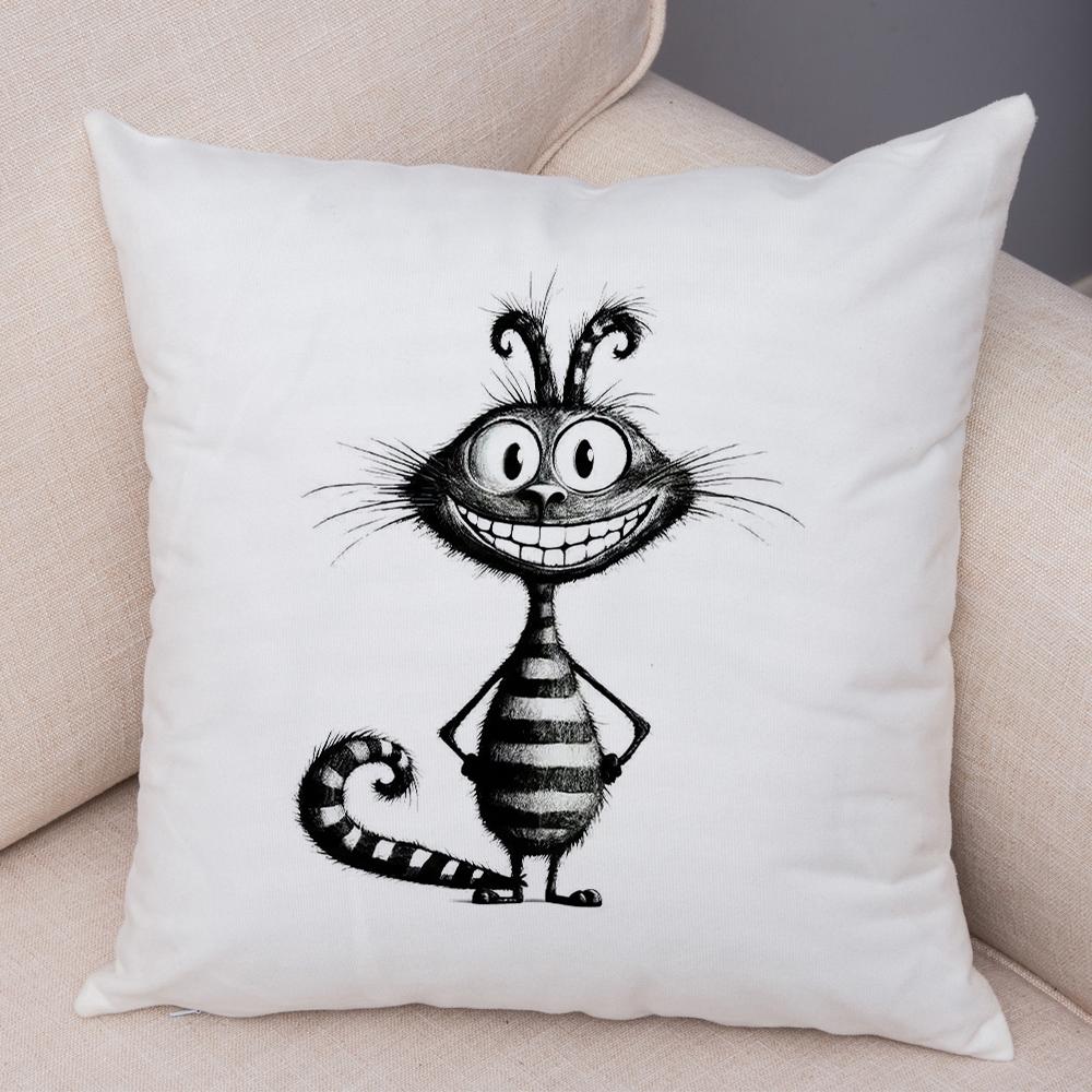 Grumpy Black Cat Pillowcase Double Print Striped Whimsical Cat Cushion Cover Soft Plush Curly Eared Fierce Cat Pillowcase