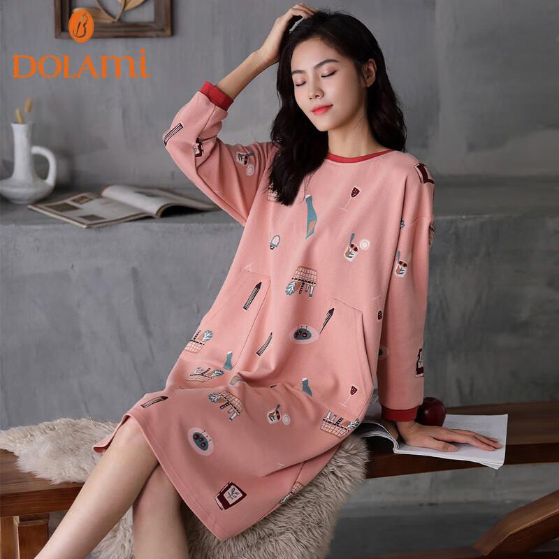 DOLAMI Nightgown, Spring And Autumn Pure Cotton Long-Sleeve Casual Sleepwear, Loose-Fitting ' Loungewear Suitable for Outdoor Wear, Size