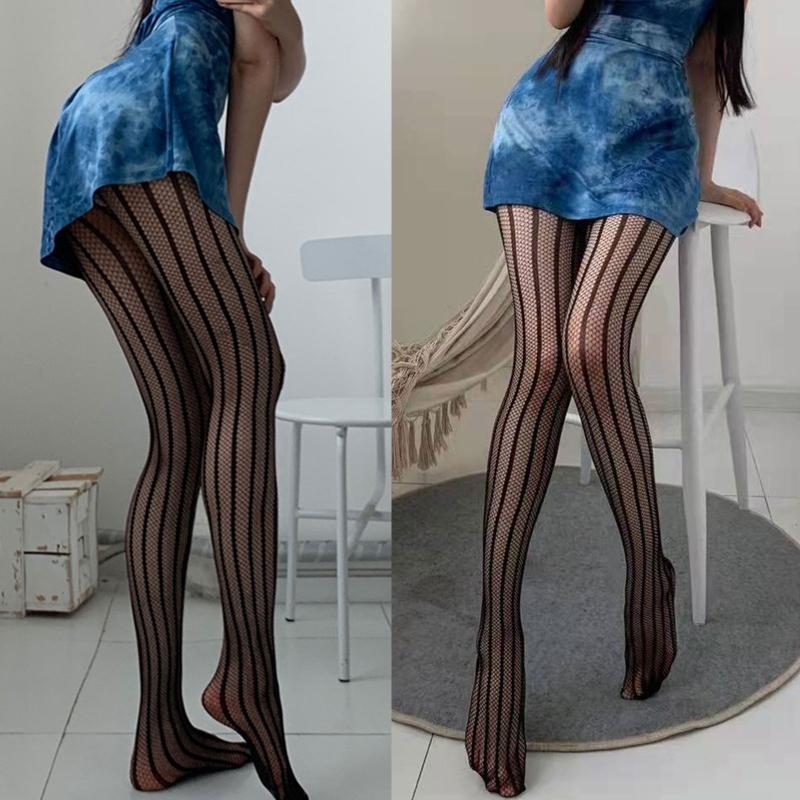 Vertical Striped Jacquard Tights Women Black See Through Mesh Pantyhose Clubwear