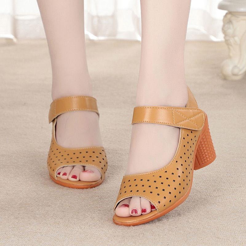 Classic Pu Open Toe Sandals With Block Heel And Velcro Strap For Adult Women Summer Wear