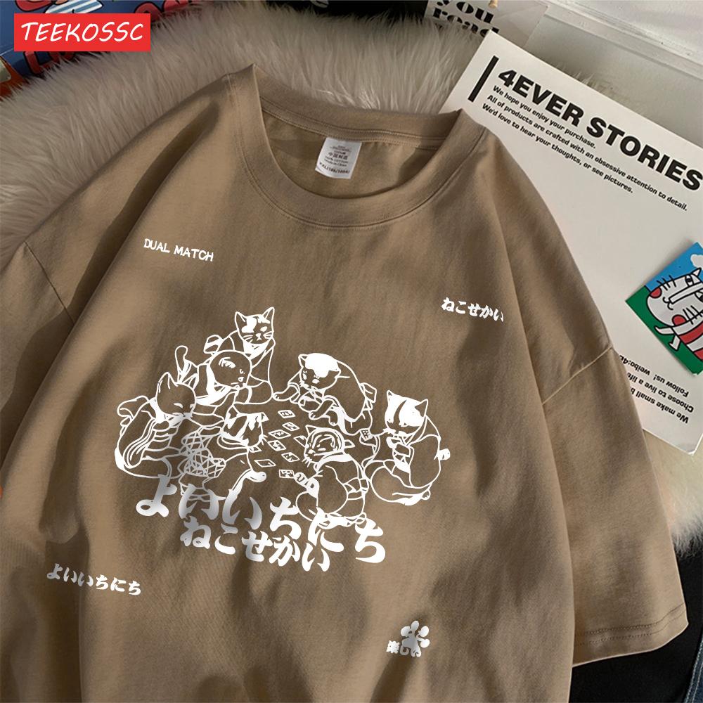 Trend Cotton Women'S T-Shirts Japanese Harajuku Style Cats Prints Short Sleeve O-Neck Oversize Breathable Summer Female Clothes
