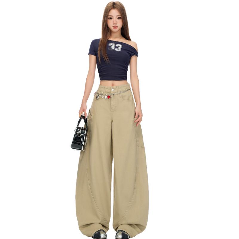 Autumn Khaki Scimitar High-Street Drapey Wide-Leg Jeans for Women