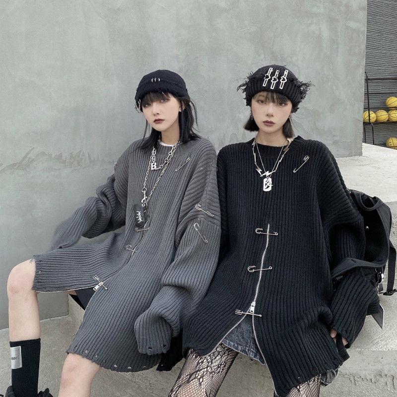 Gothic Harajuku Stricken übergroße Pullover Frauen Pullover Zipper Koreanische Mode Streetwear Goth Punk Gestrickte Top Herbst