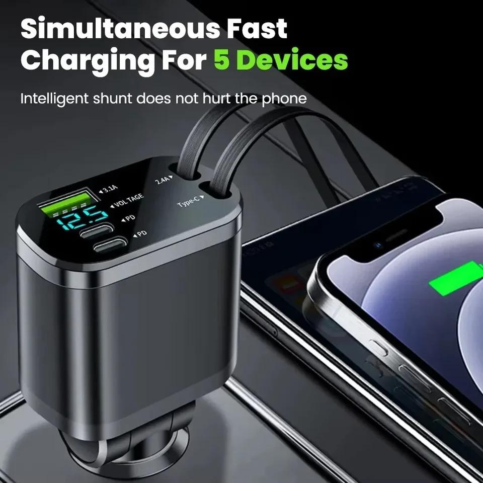 5 In 1 150W Car Charger with 2 Retractable Cables USB Type C Super Fast Charging Adapter with Voltage Display for iPhone & Android