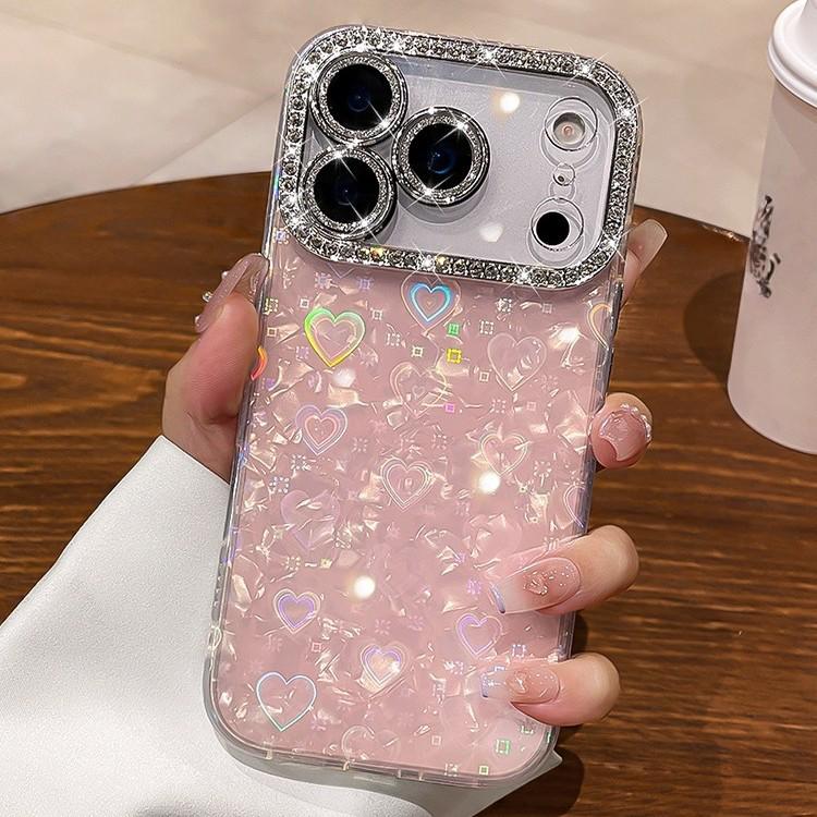 Lux Rhinestone Apple Pro Max Case - Heart Pattern, Full Lens Coverage
