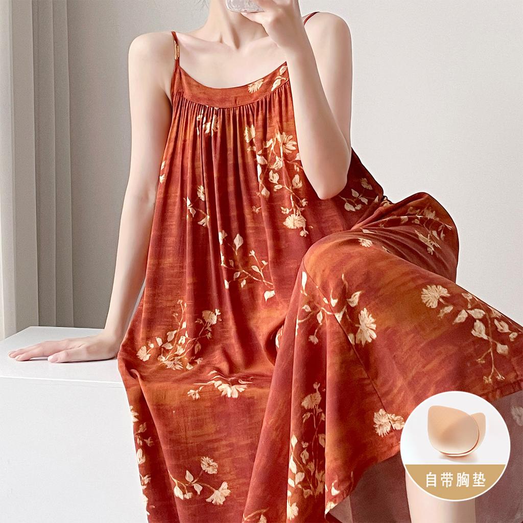 Summer cotton and silk suspender nightgown women's sleeveless chest pad can be worn outside loungewear anti-bumping artificial cotton dress
