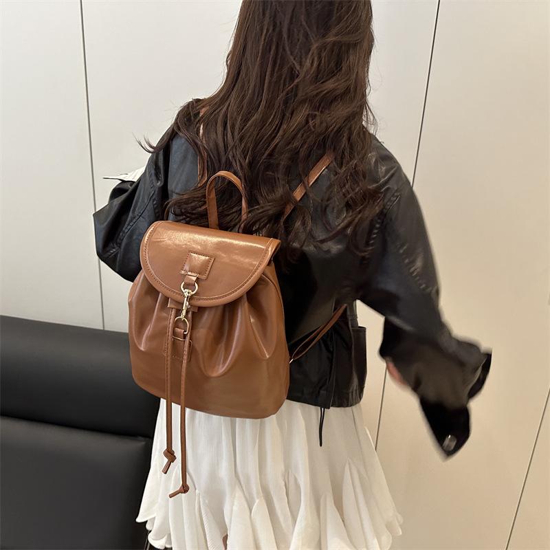 Soft PU Leather Drawstring Flap Backpack, Minimalist Gold Hardware Casual Daily Travel Bucket Backpack For Women