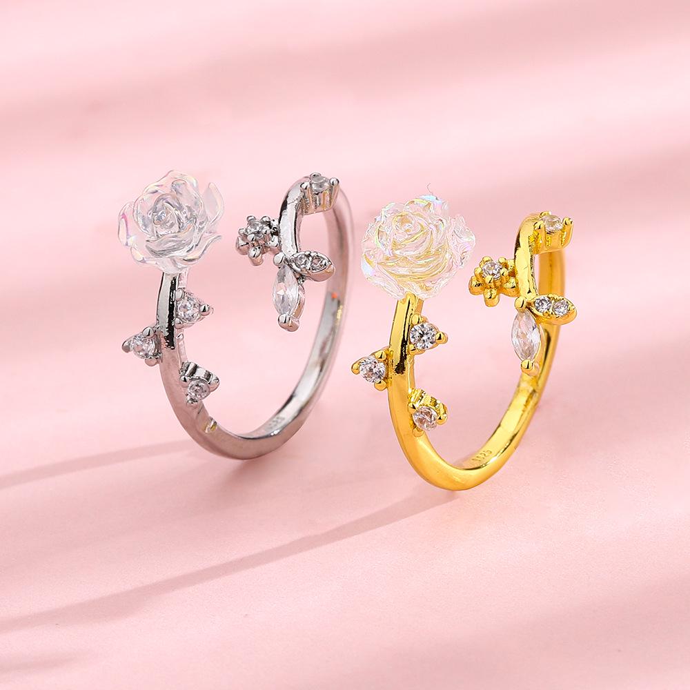 Aurora Camellia Women's Zircon Branch & Leaf Rose Flower Ring