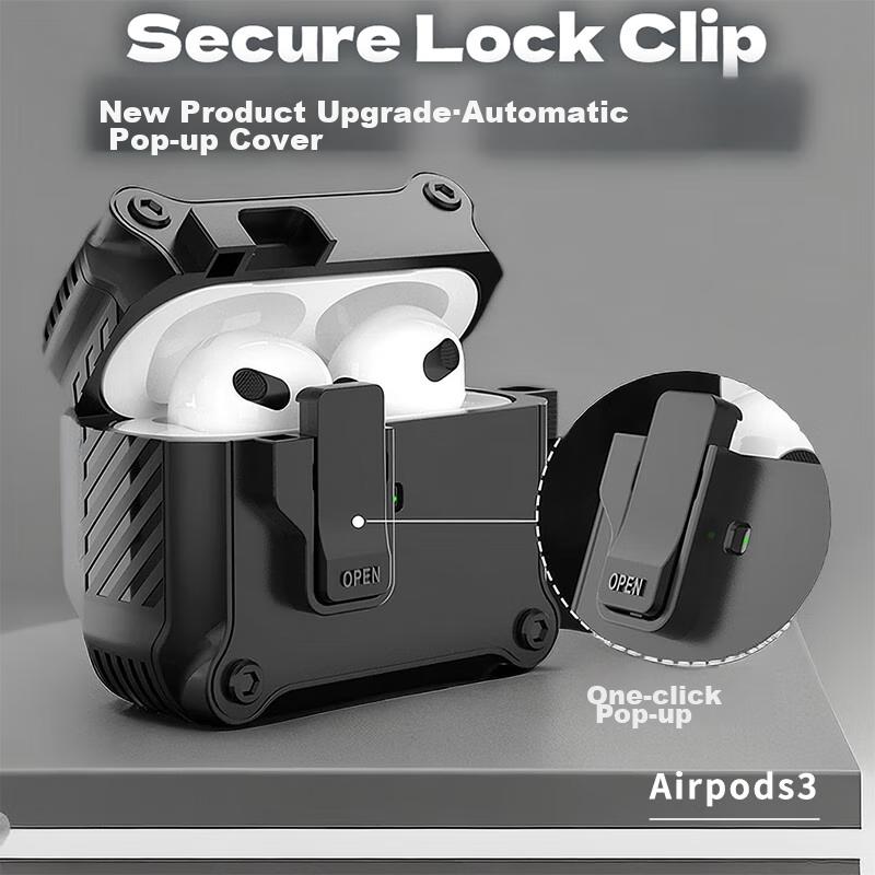 AirPods 3 Case, Shockproof Armor Shell for Third Generation Apple Wireless Bluetooth Earphones, Anti-Loss Smart Opening Clasp with Hook, Black