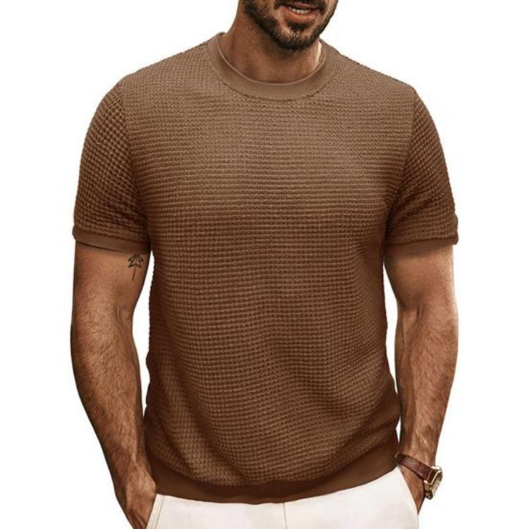 Summer Slim Fit Ribbed Elastic T-shirt Men Casual Knitted Round Neck Short Sleeves Pullover Solid Color Daily Tops Clothes