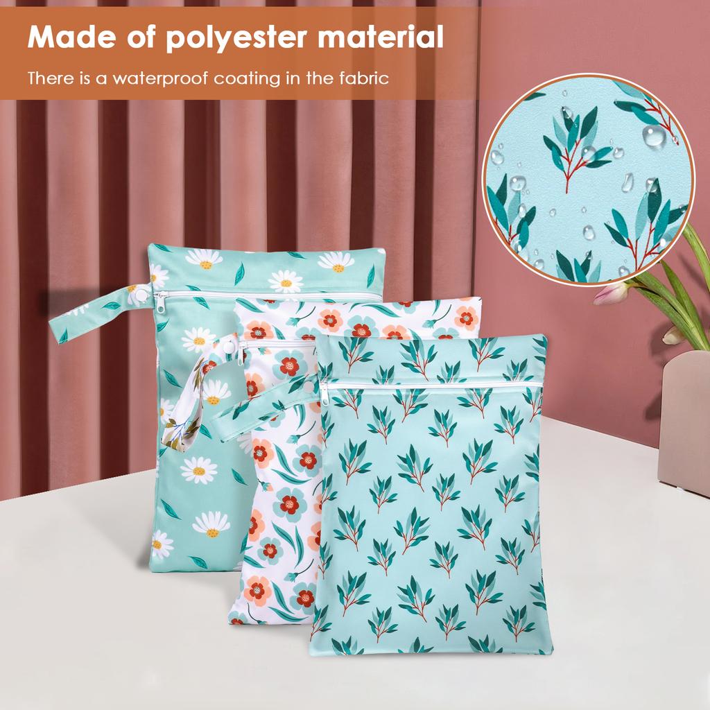 3Pcs Wet Dry Bag Polyester Waterproof Nappy Bag with Wrist Strap Reusable Travel Laundry Bag Baby Cloth Diaper Organiser Pouches