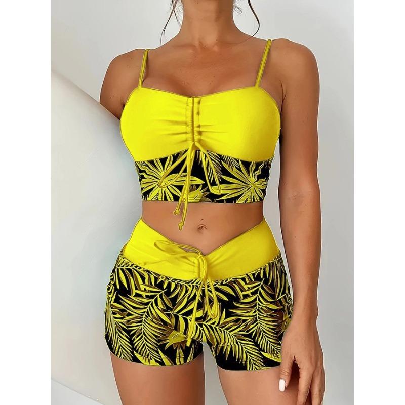 Damen Tropenblatt Print Zweiteiliges Badeanzug Set - Schwarz & Weiß Cami Top mit Shorts