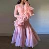 Solid Spliced Button Slimming Dresses for Women O Neck Long Sleeve High Waist Patchwork Ruffles Female Fashion New