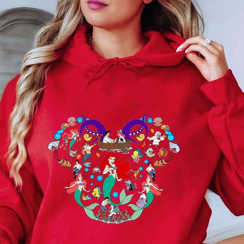 Disney Parent-child Outfits for Girls, Little Mermaid Printed Women's Multi-color Hoodie, Casual Sportswear, Loose Top