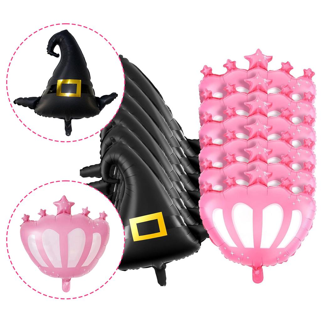 12Pcs Wicked Party Ballons Accessory Set Wicked Party Balloons Black Witch Hat and Pink Princess Crown Decoration