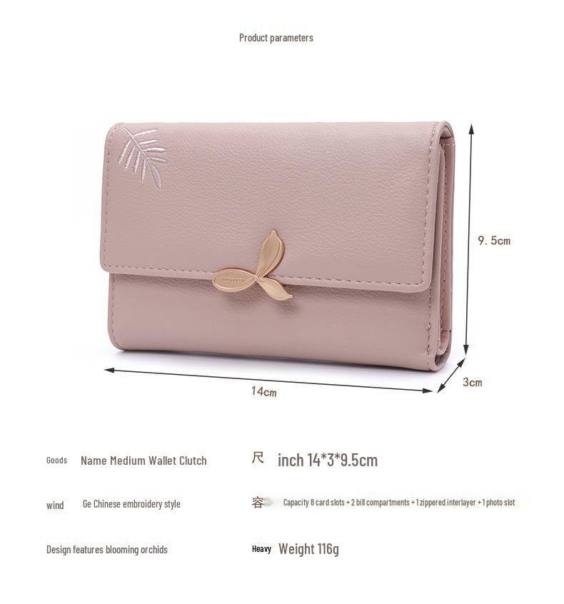 Women's 2025 Medium Wallet: Large Capacity Leaf Embroidery Flower Coin Purse & Card Holder Clutch