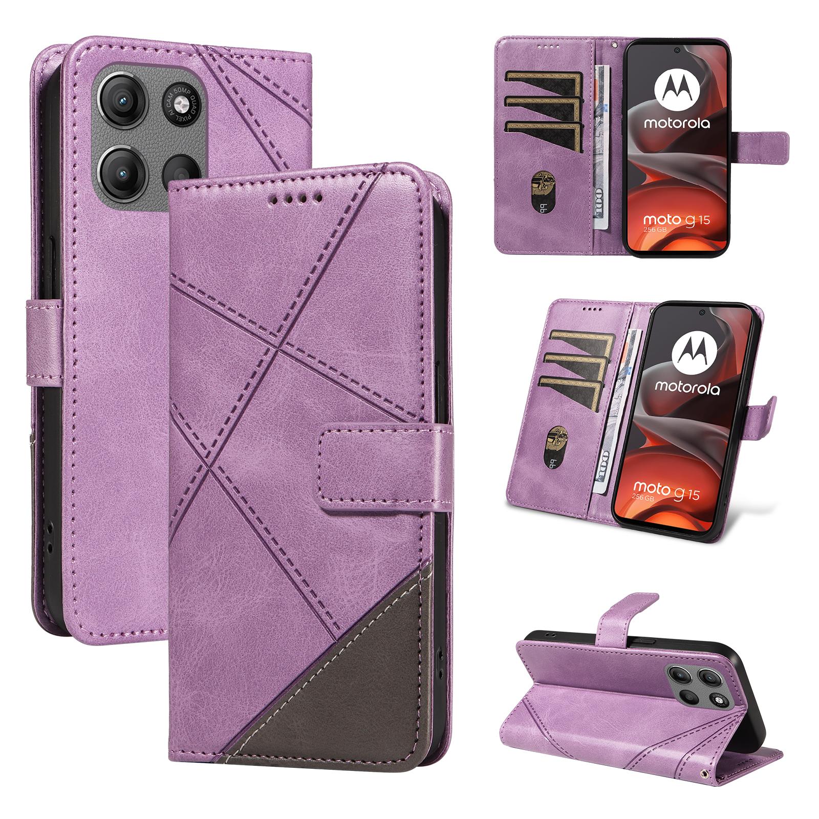 

For Motorola Moto G15 Power 4G/Motorola Moto G15 4G Leather Case Geometric Line Design Wallet Phone Cover with Wrist Strap Purple