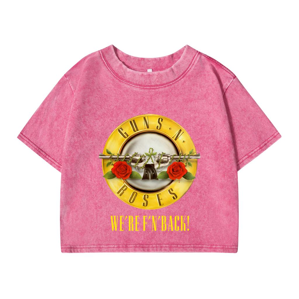 Women'S Cotton Crop Tops Distressed O-Neck Washed T-Shirts Roses And Guns Printing Short Sleeve Street Clothes