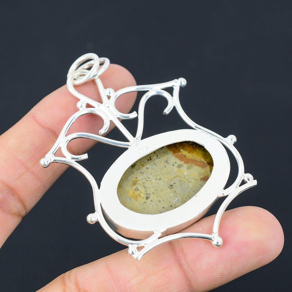 Oval Polychrome Jasper Gemstone Art Deco Trendy Pendant Jewelry Sterling Silver