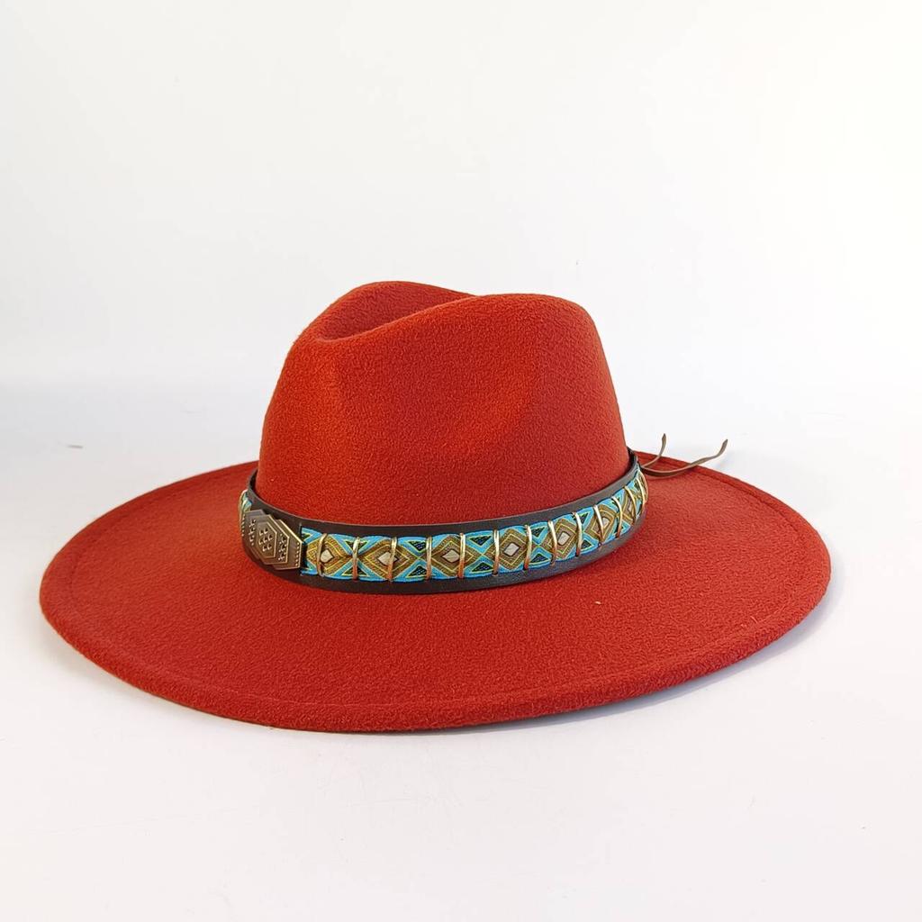 Felt Hat with Vintage Leather Belt, Fashionable European and American Jazz, Classic Church Style, Wide Brim, 9.5cm