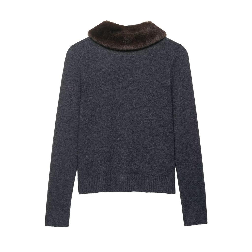 Women's Faux Fur Turn-Down Collar Knitted Cardigan - European and American Fashion