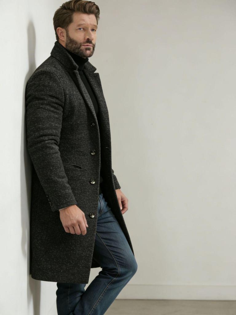 2024 Men's Mid-Length Woolen Coat: Autumn/Winter, Single-Breasted, Casual Commute, European Size